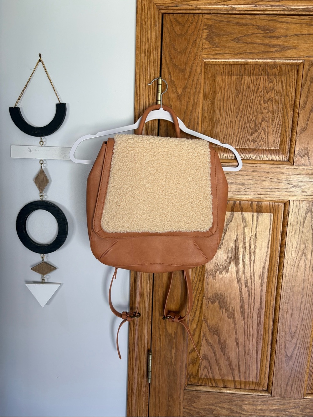 Tan Leather-Trim Sherpa Backpack - Women